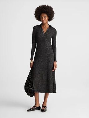 Madewell Ribbed Y-Neck Polo Maxi Dress Metallic Knit Long Sleeve A-Line Small NW